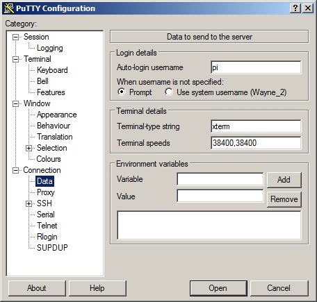 PuTTY, Connection/Data screen