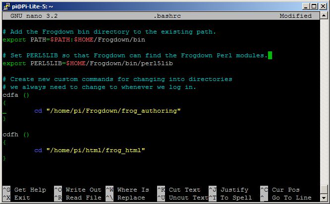 SSH terminal running the nano text editor editing  ~/.bashrc