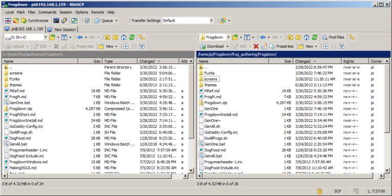 WinSCP.  Left is local Windows. Right is remote Raspberry Pi. Drag-and-drop to copy files.